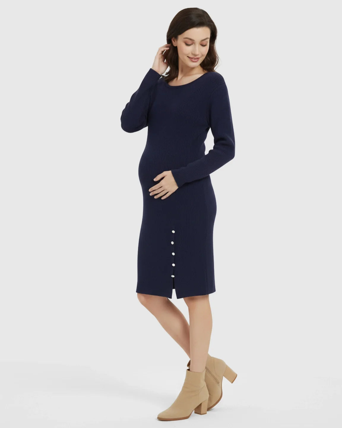 Bump Society – The Comfort Collection: Long-Sleeve Bodycon Maternity Sweater Midi Dress