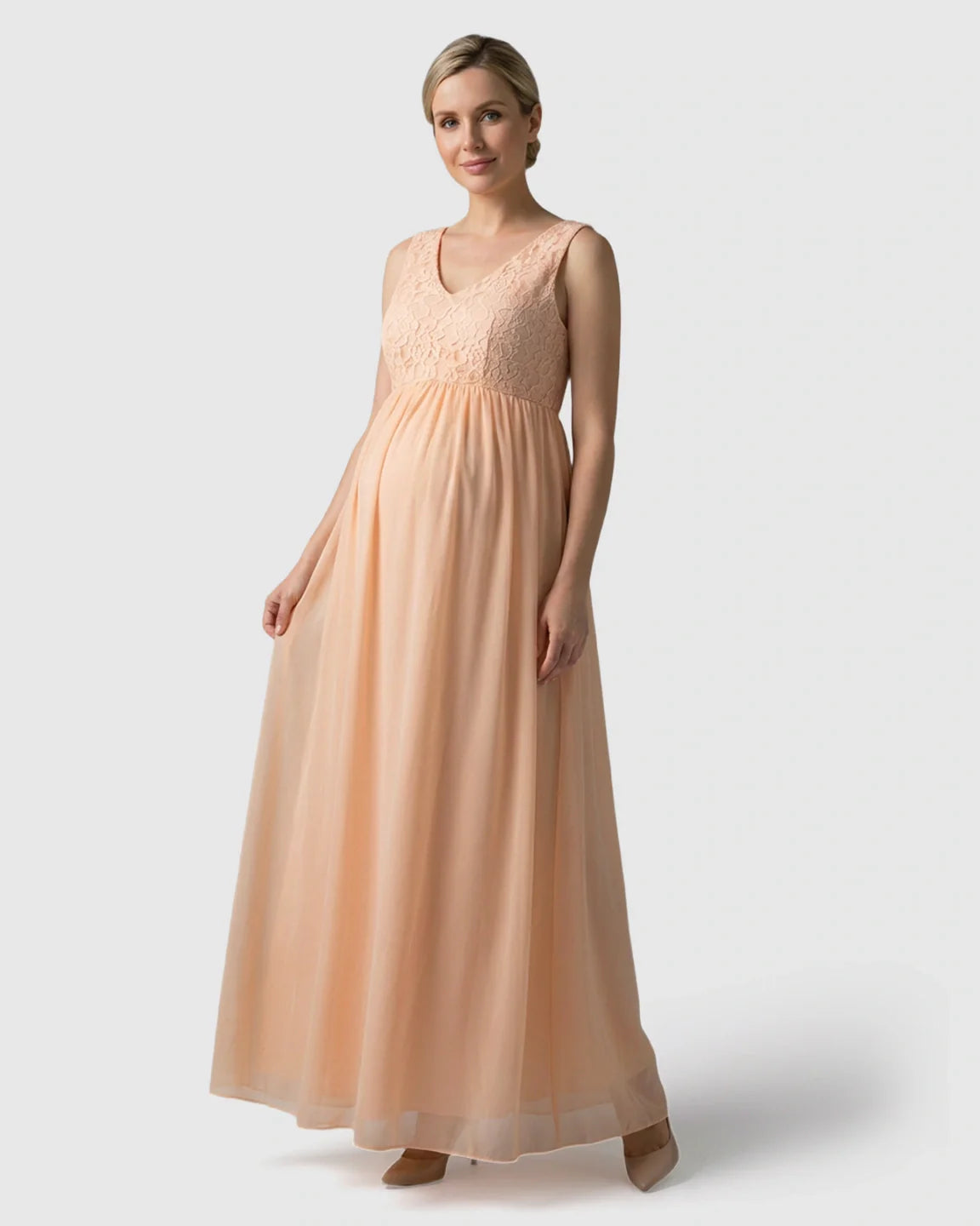 Bump Society – The Comfort Collection: Lace-Chiffon Romantic Maternity Maxi Dress