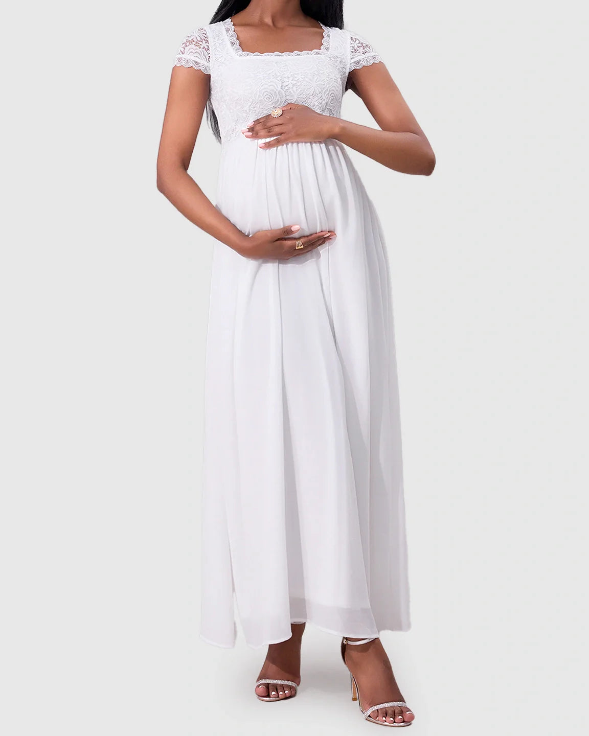 Bump Society – The Comfort Collection: Floral Lace Bodice Elegant Maternity Maxi Dress