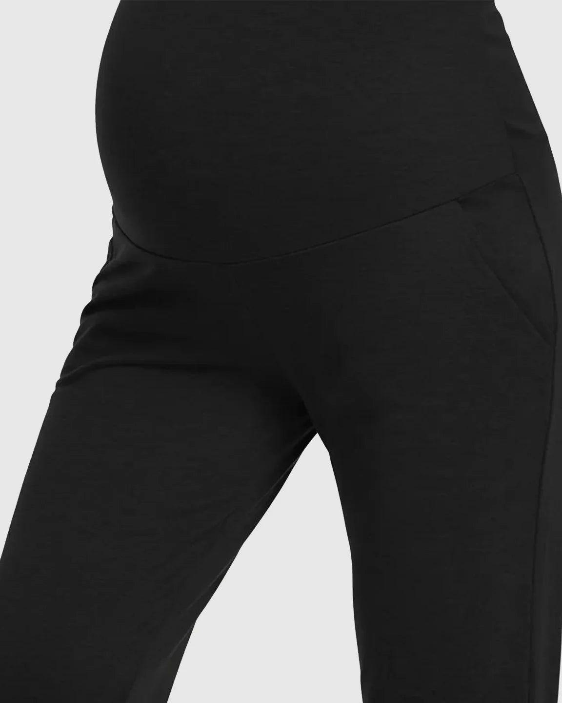 Black polyester maternity pants with an elastic waistband, side pockets, and ankle cuffs.