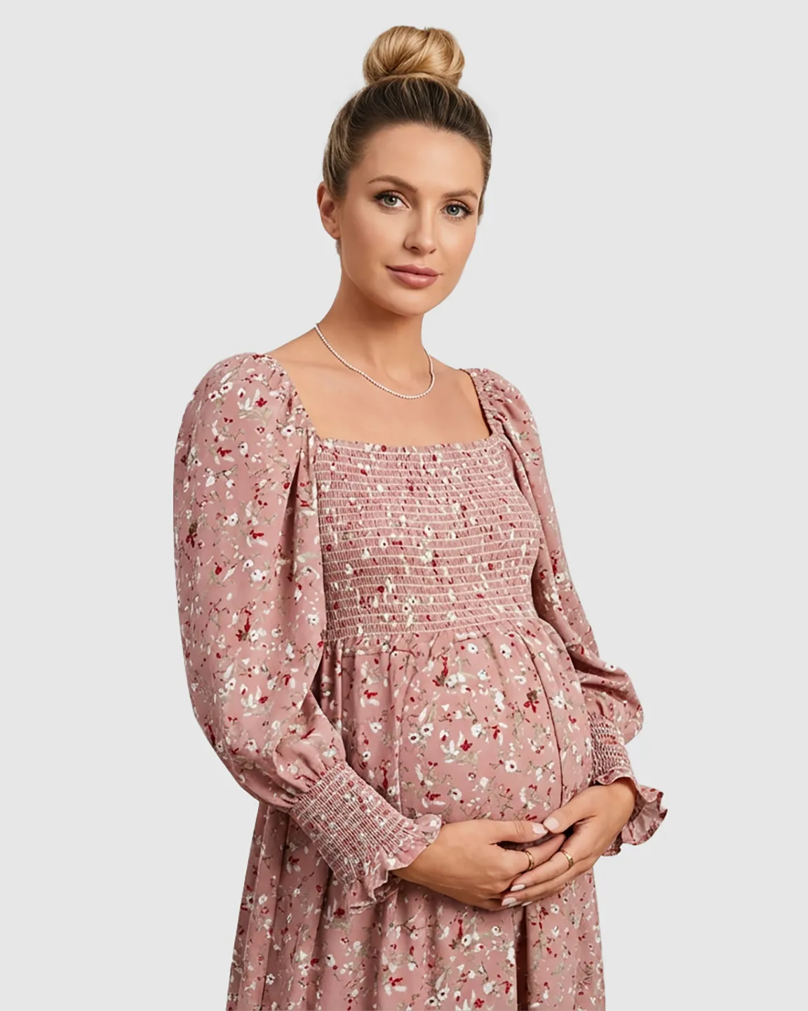 Bump Society – The Comfort Collection: Smocked Bodice Feminine Maternity Midi Dress