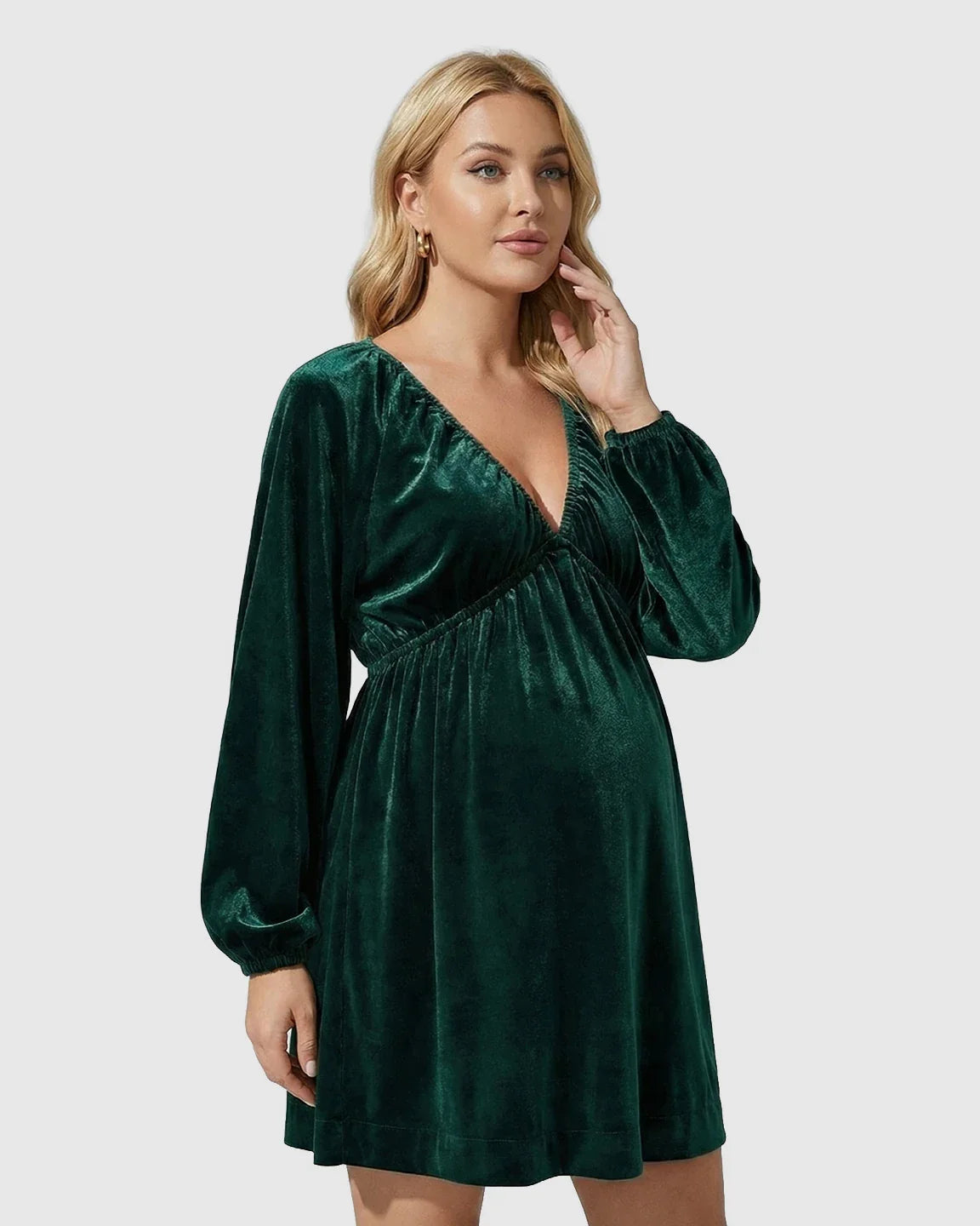 Bump Society – The Comfort Collection: Velvet V-Neck Bishop Sleeve Maternity Mini Dress