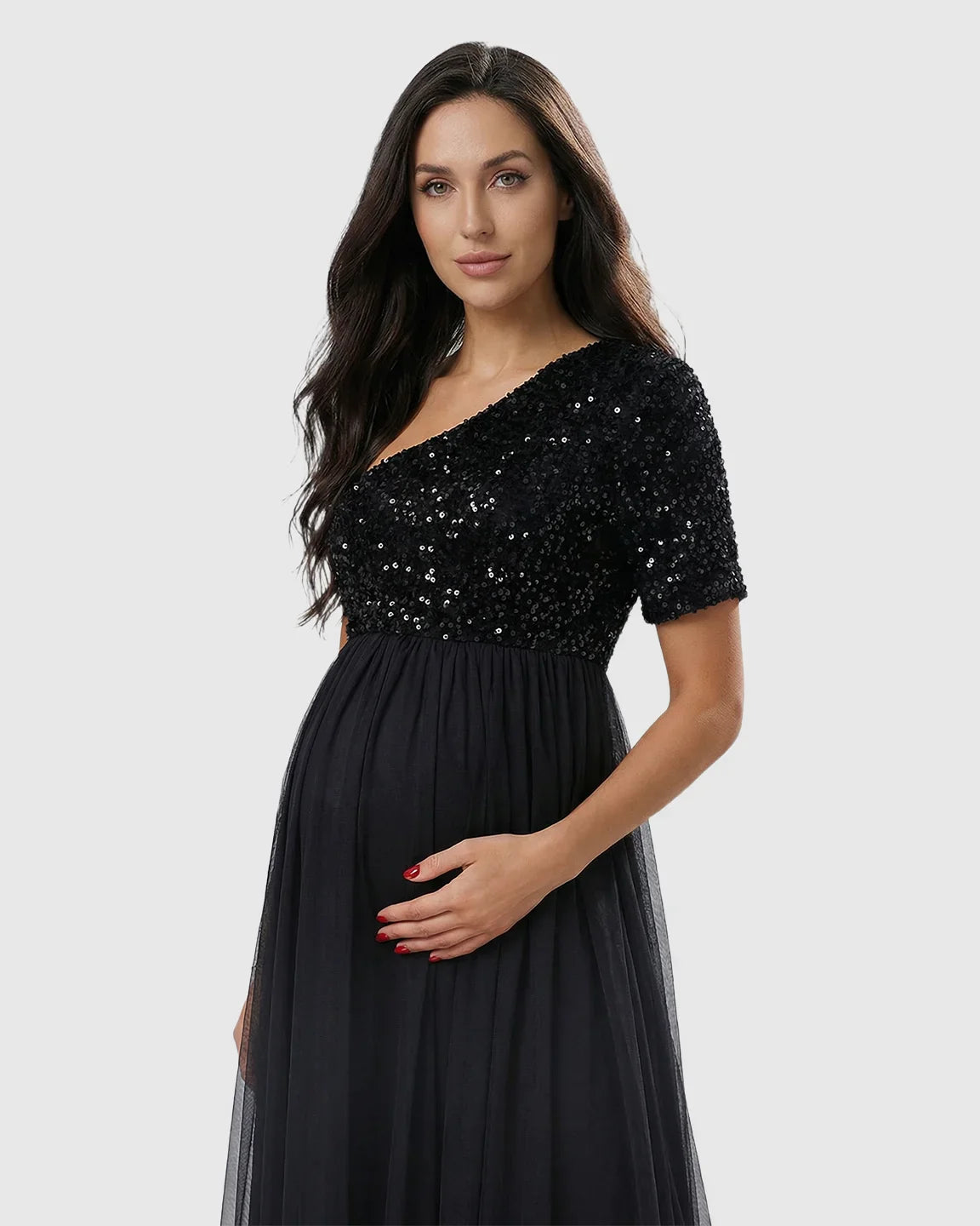Bump Society – The Comfort Collection: Sequin One-Shoulder Flowing Mesh Maternity Maxi Dress
