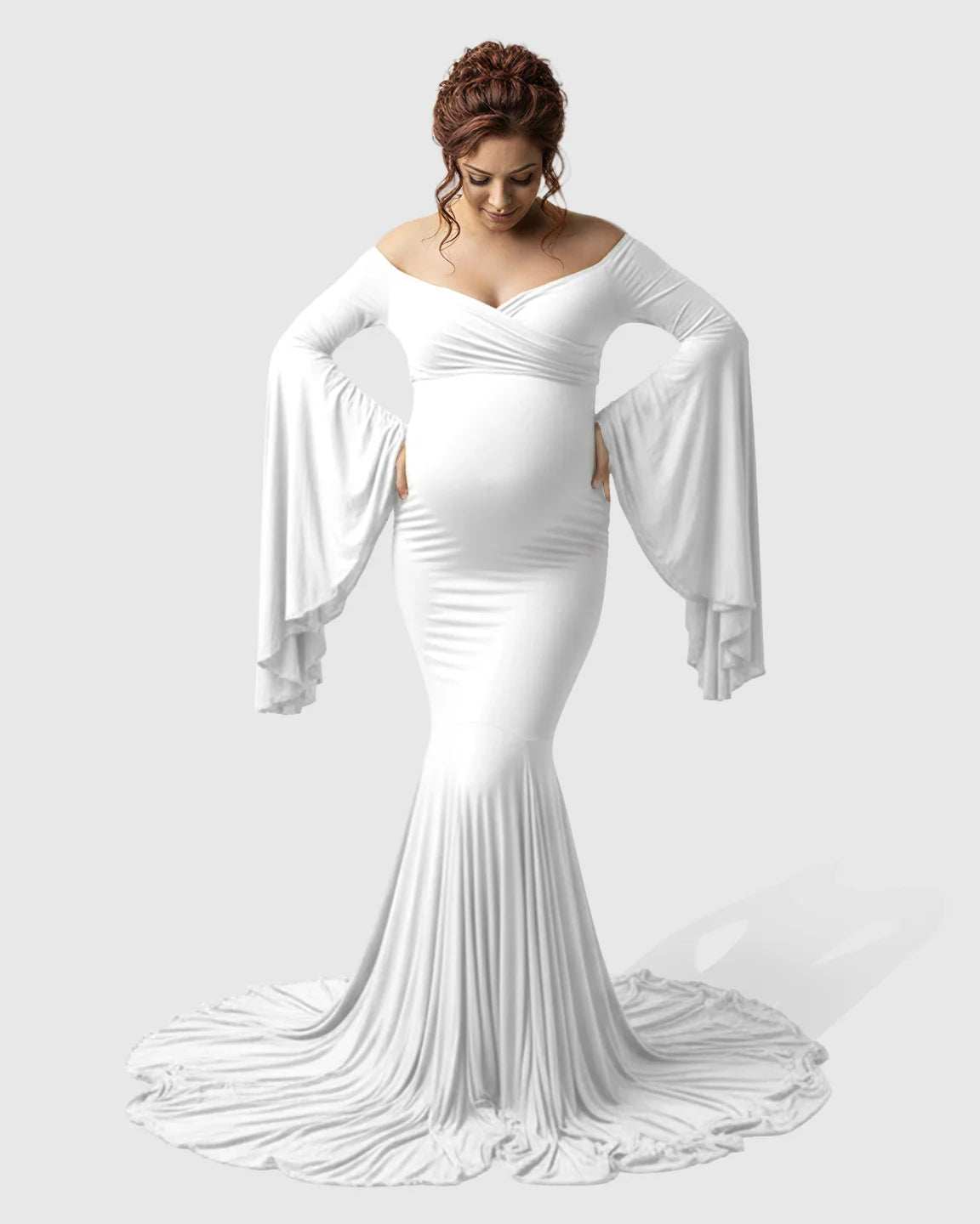 Bump Society – The Comfort Collection: Flared Sleeve Fishtail Train Maternity Photoshoot Dress