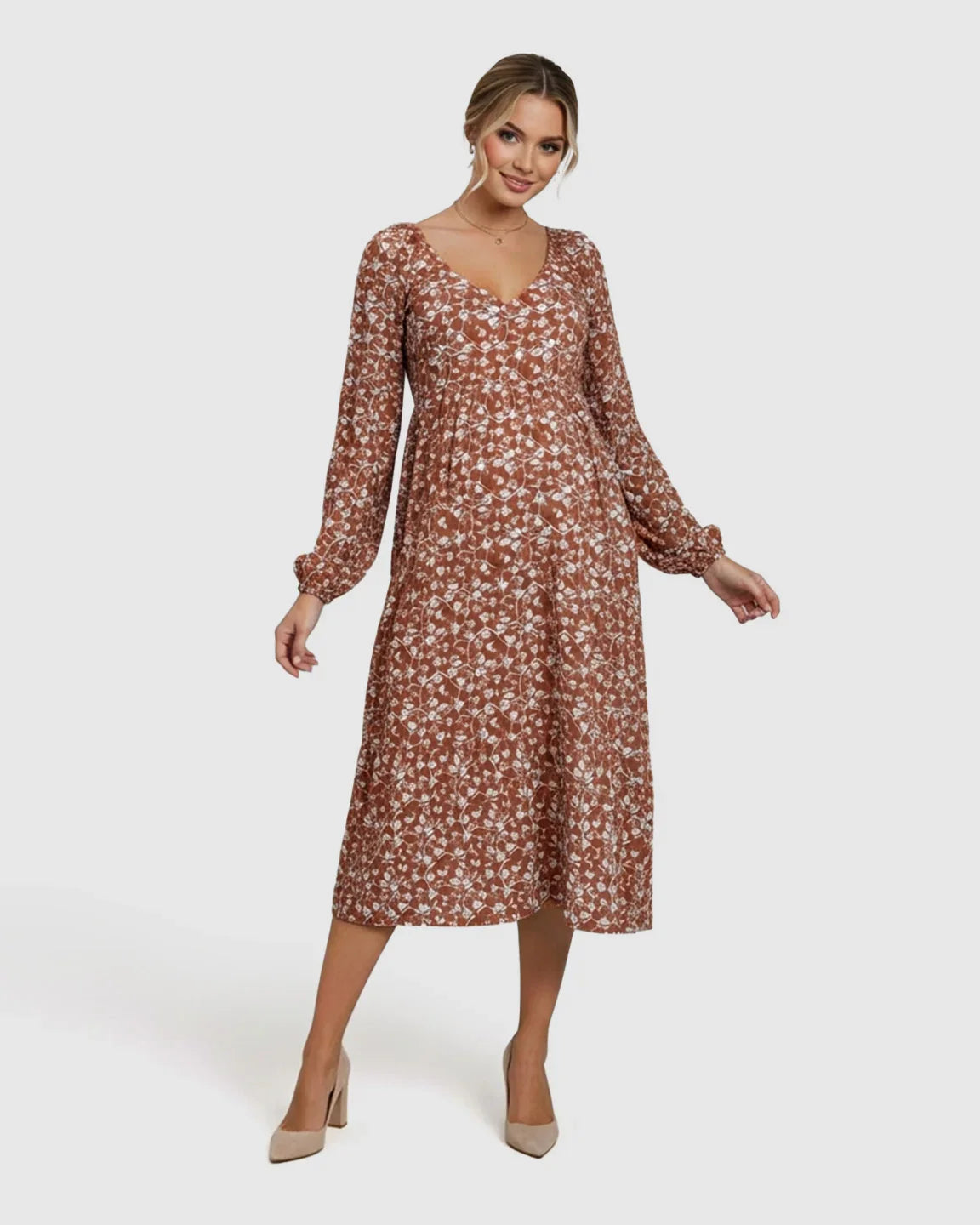 Bump Society – The Comfort Collection: Floral Print Chiffon Flowing Maternity Midi Dress