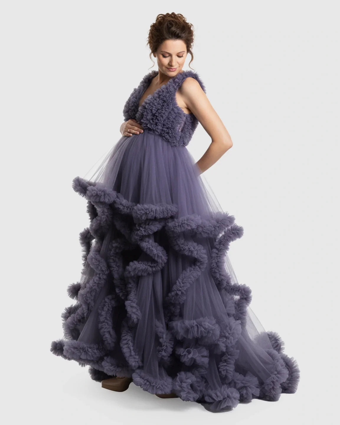 Bump Society – The Comfort Collection: Ruffled Bodice Multi-Layer Mesh Pleats Maternity Gown