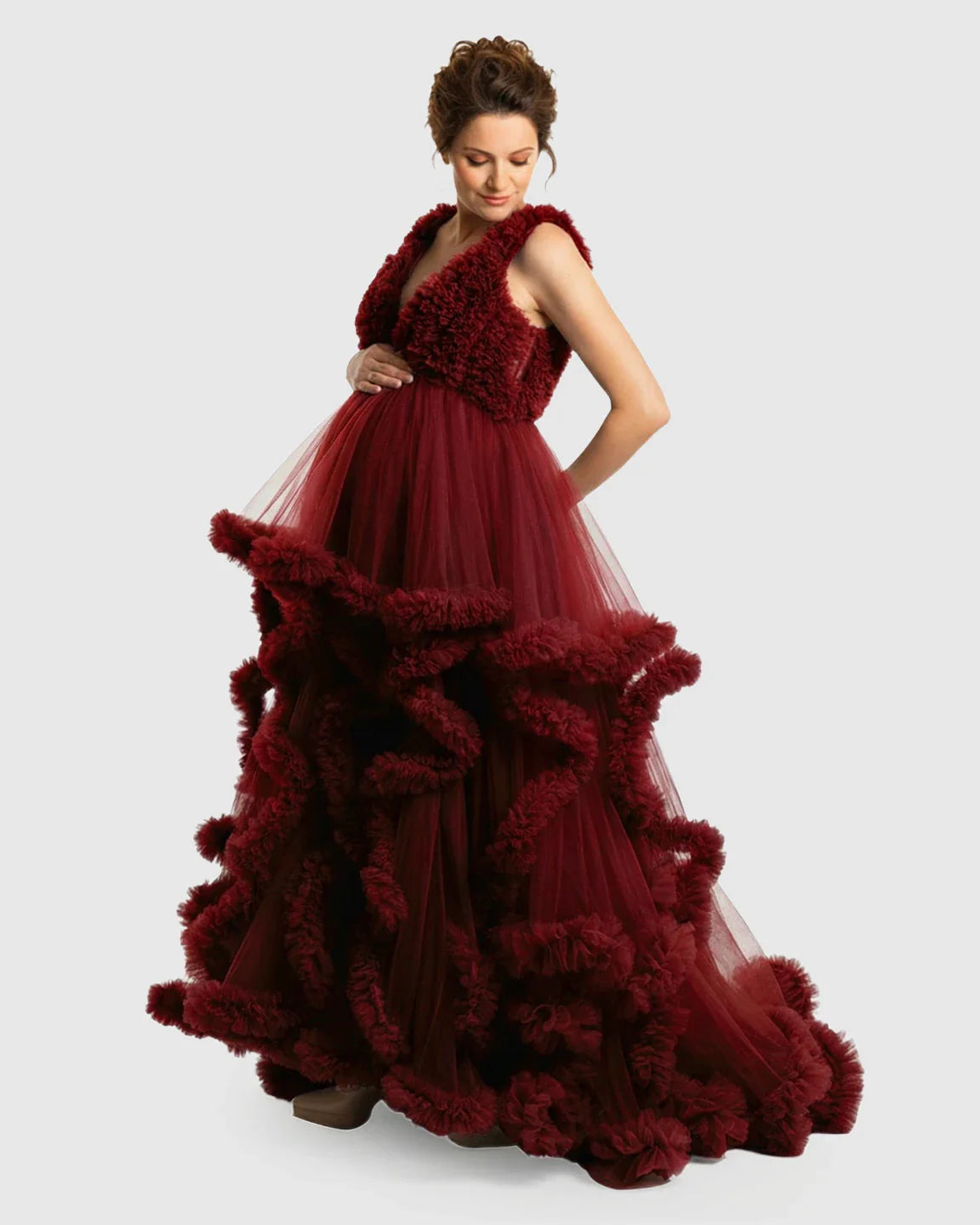 Bump Society – The Comfort Collection: Ruffled Bodice Multi-Layer Mesh Pleats Maternity Gown