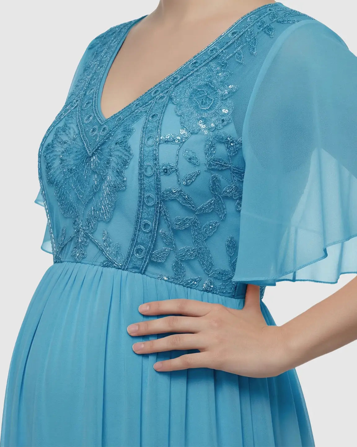 Bump Society – The Comfort Collection: Embroidered Bodice Long Train Maternity Photoshoot Gown