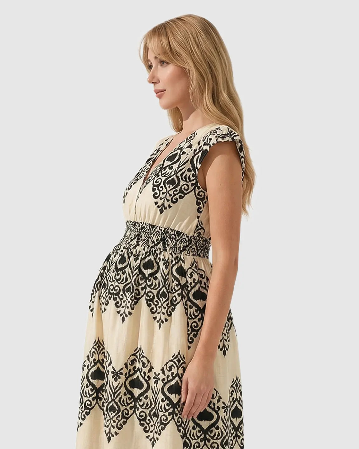 Bump Society – The Comfort Collection: V-neck Ethnic Print Maternity Maxi Dress