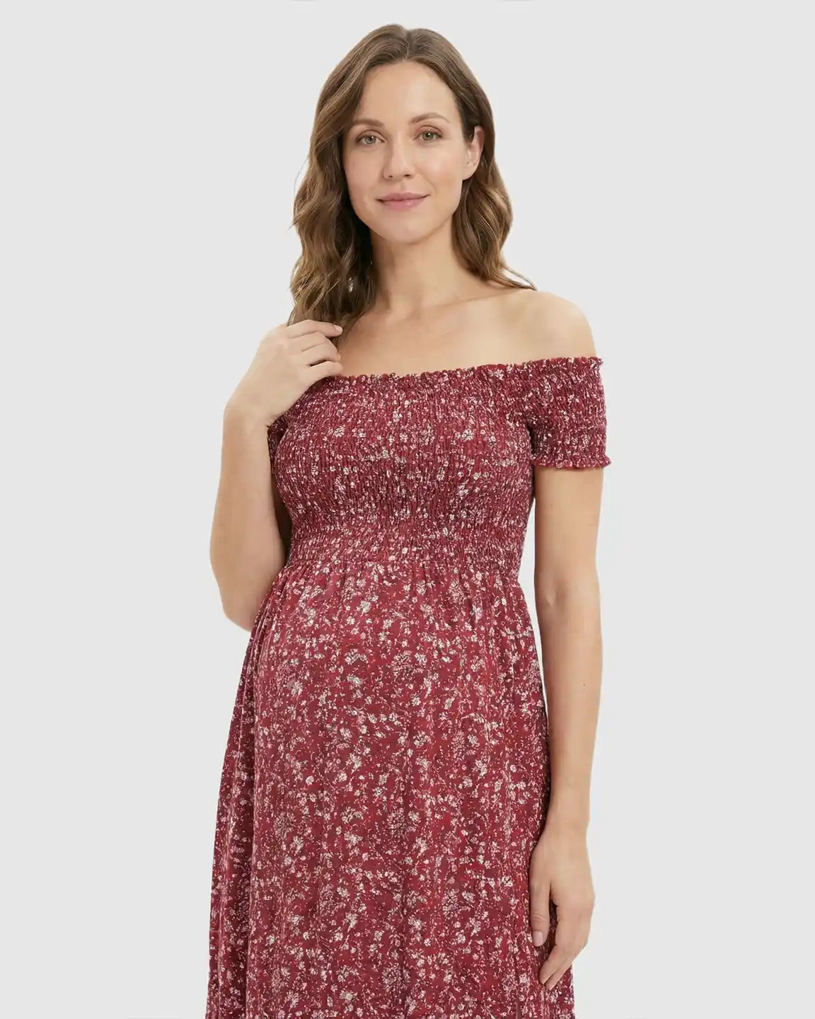 Bump Society – The Comfort Collection: Off-Shoulder Floral Pattern Maternity Maxi Dress