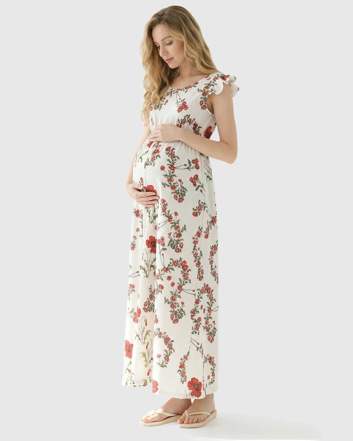 Bump Society – The Comfort Collection: Ruffle Shoulder Floral Maternity Maxi Dress