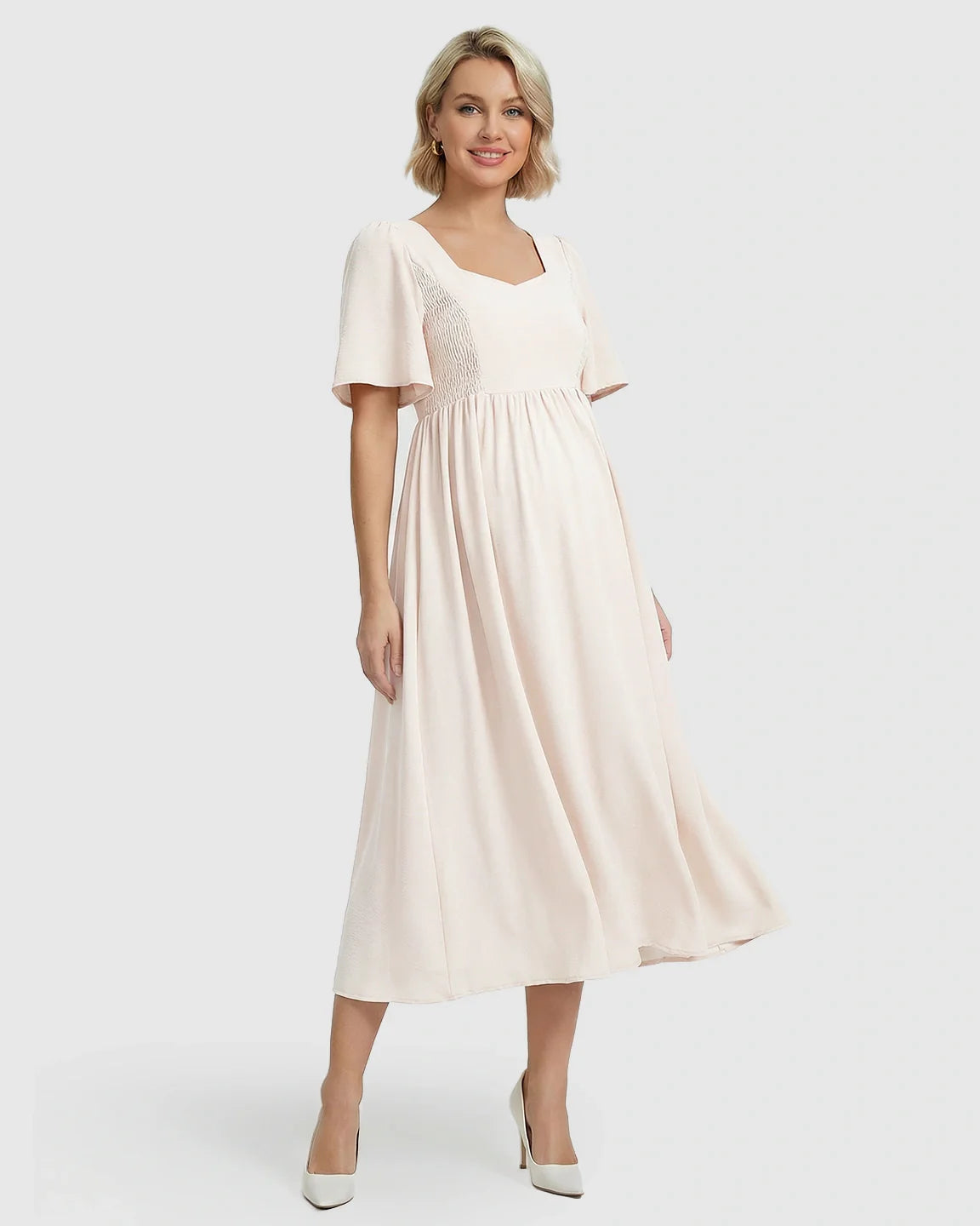 Bump Society – The Comfort Collection: Shirred Ruffle Sleeve Swing Maternity Midi Dress