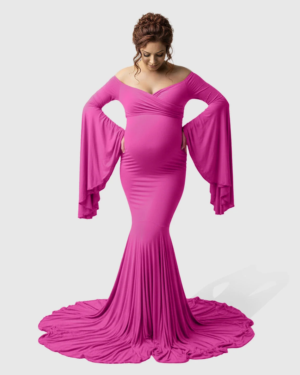 Bump Society – The Comfort Collection: Flared Sleeve Fishtail Train Maternity Photoshoot Dress