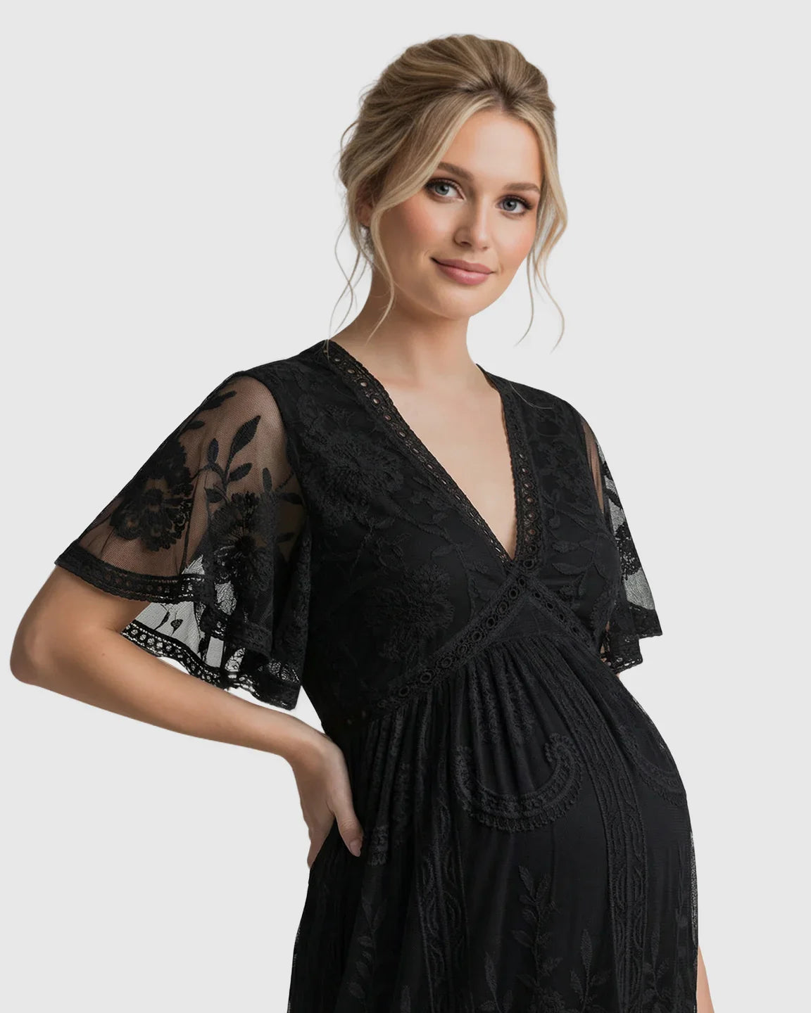 Bump Society – The Comfort Collection: Sheer-Lace Romantic Maternity Maxi Dress