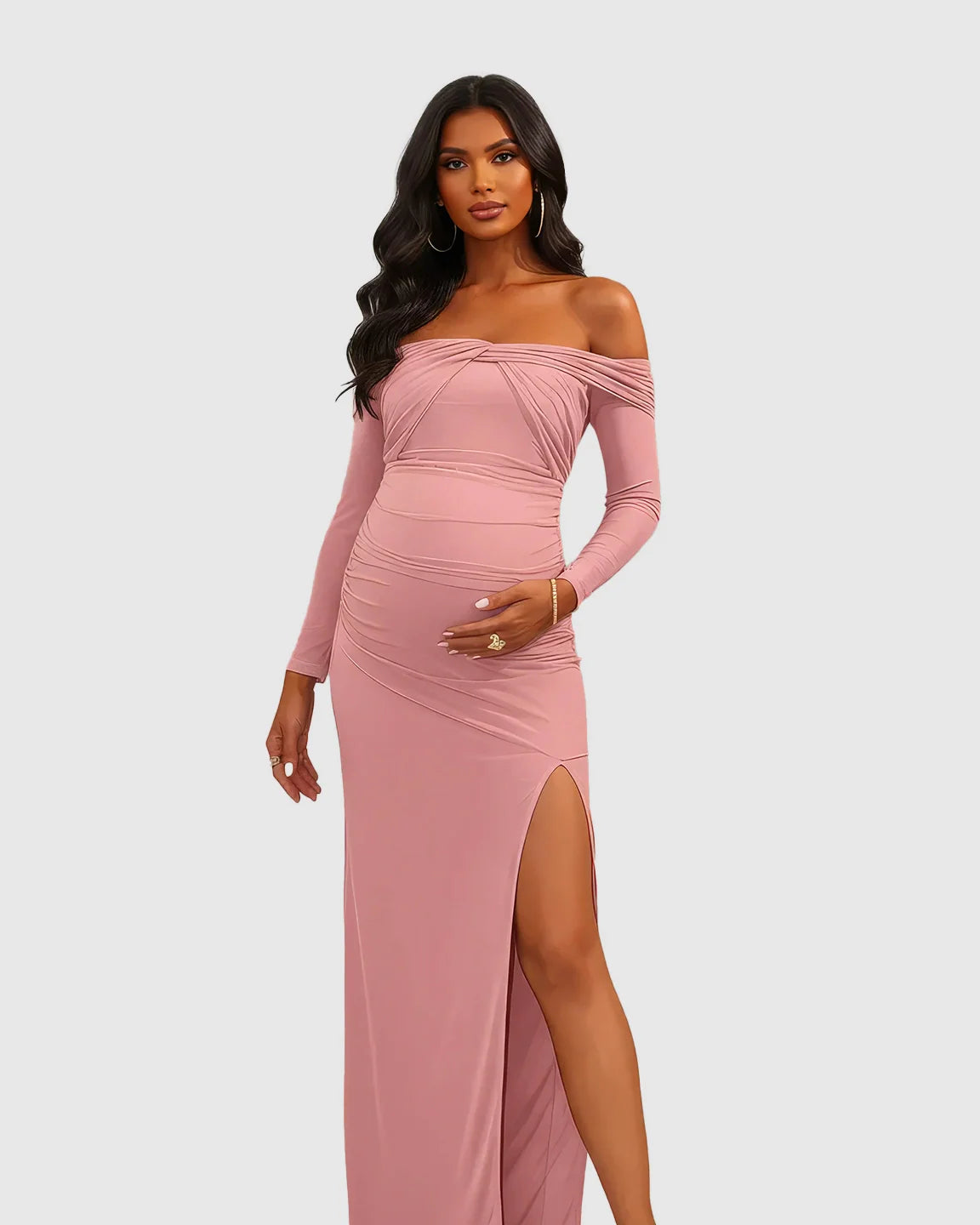 Pink ruched off-shoulder long-sleeve bodycon maternity photoshoot dress with high slit.