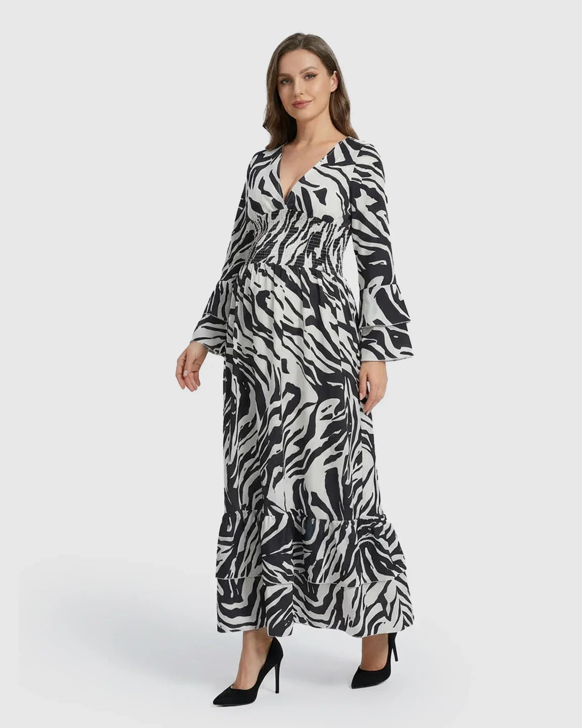 Bump Society – The Comfort Collection: Geometric Pattern Smocked Mid-Waist Maternity Maxi Dress