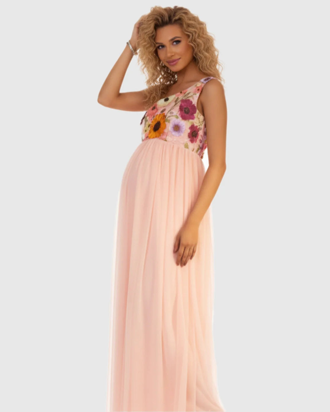 Bump Society – The Comfort Collection: One Shoulder Flowing Mesh Skirt Maternity Maxi Dress