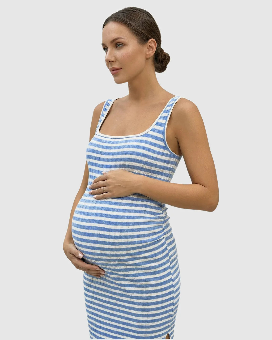 Bump Society – The Comfort Collection: Striped Side Slit Maternity Midi Dress
