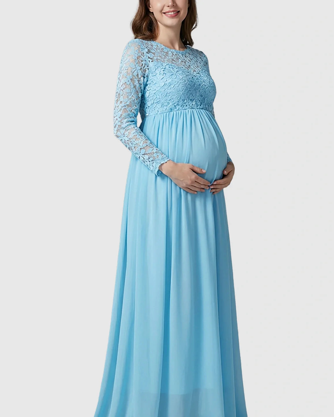 Bump Society – The Comfort Collection: Lace Bodice Trailing Skirt Maternity Photoshoot Gown