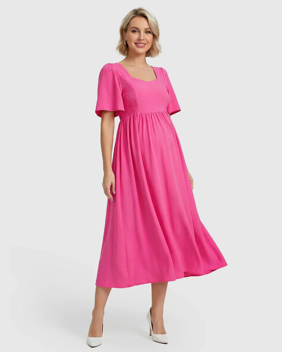Bump Society – The Comfort Collection: Shirred Ruffle Sleeve Swing Maternity Midi Dress