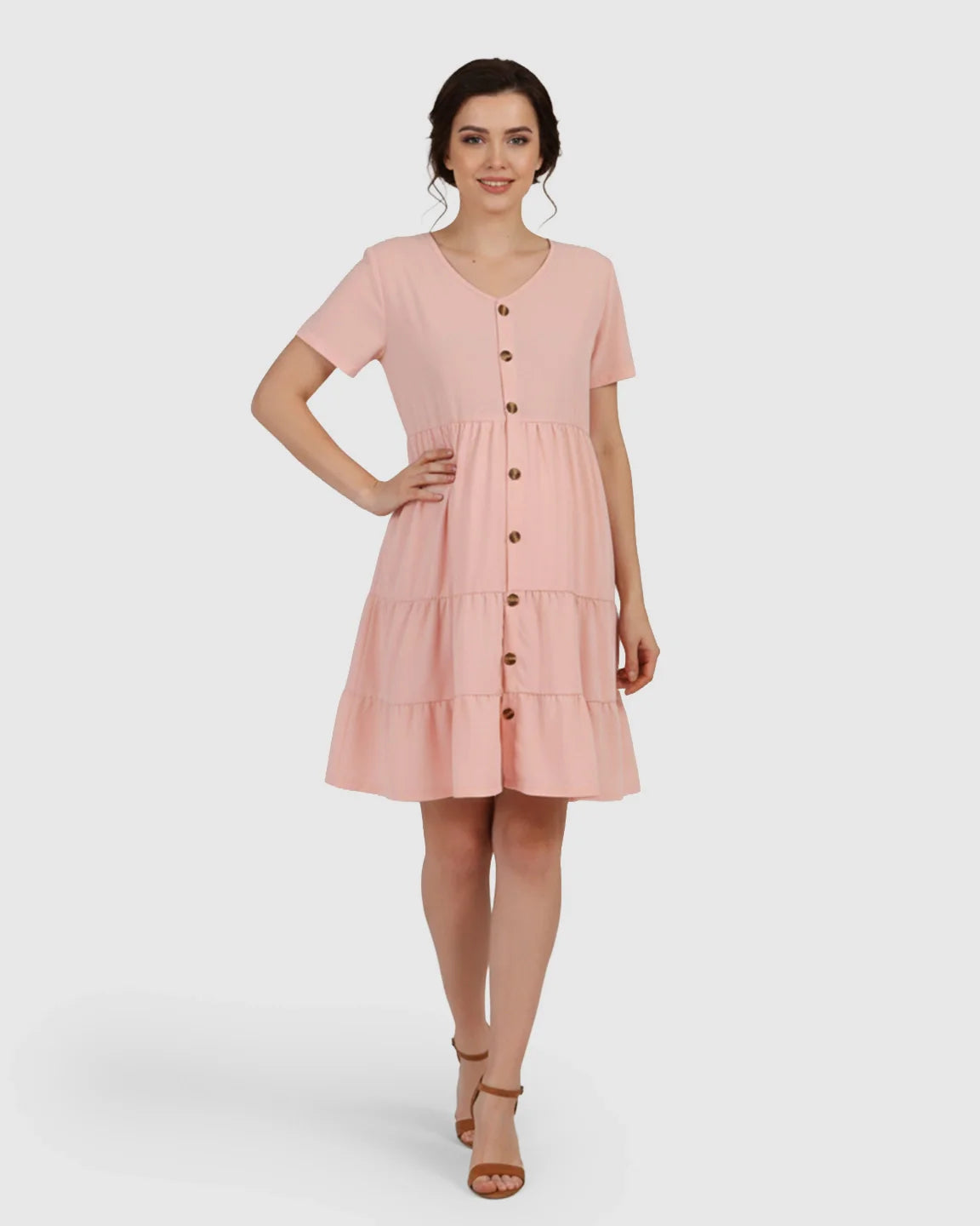 Bump Society – The Comfort Collection: Button Up Tiered Maternity Mini Dress