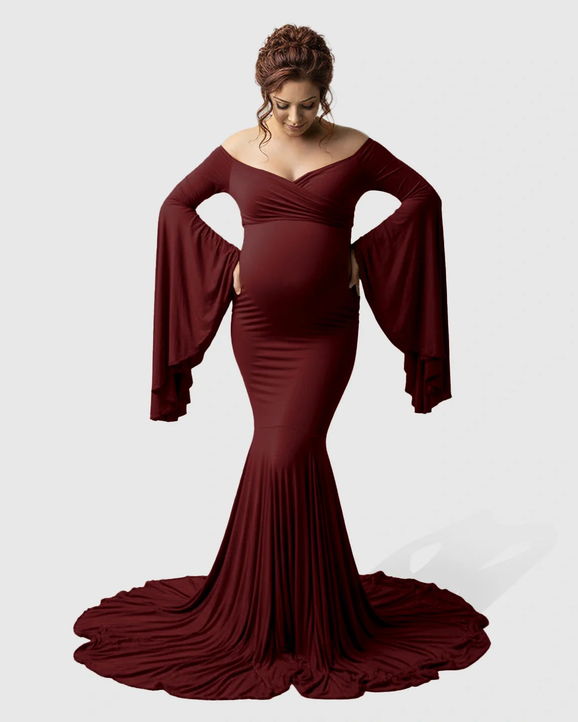 Bump Society – The Comfort Collection: Flared Sleeve Fishtail Train Maternity Photoshoot Dress