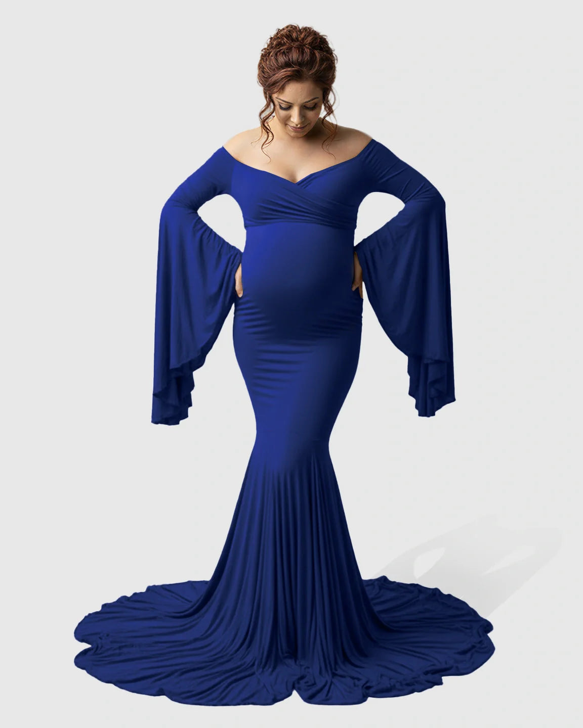 Bump Society – The Comfort Collection: Flared Sleeve Fishtail Train Maternity Photoshoot Dress