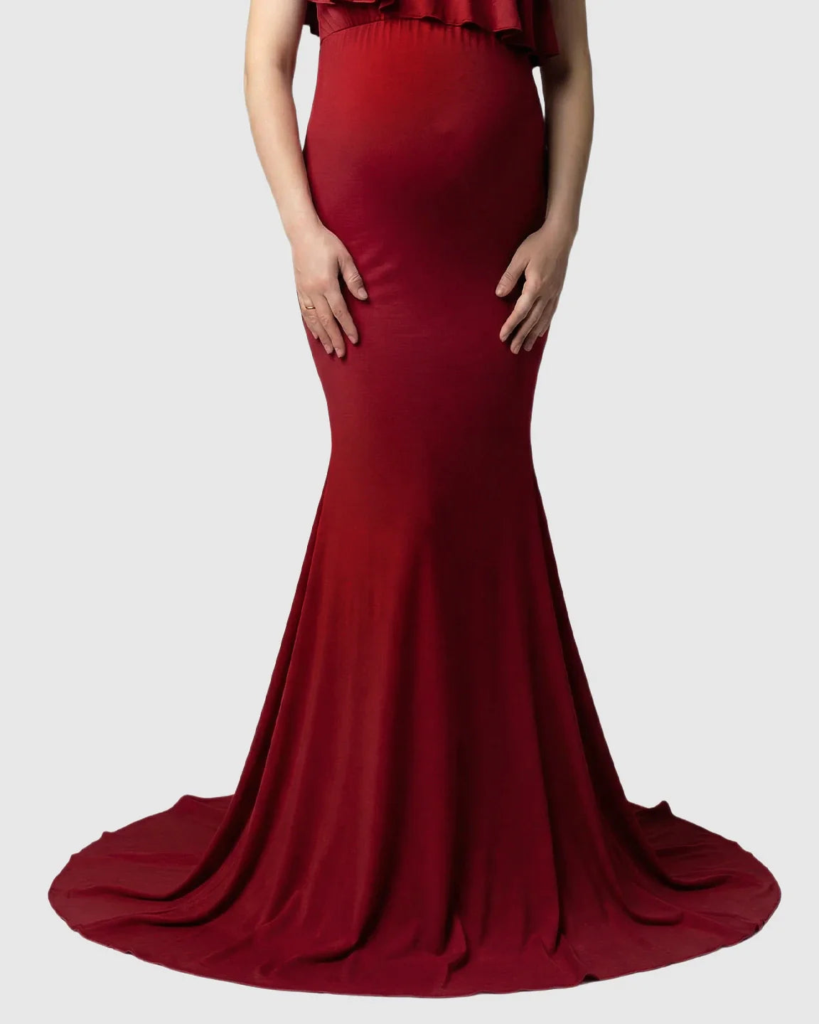 Bump Society – The Comfort Collection: Ruffle-Off Shoulder Trailing Maternity Gown