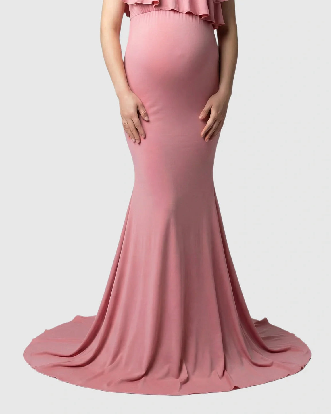 Bump Society – The Comfort Collection: Ruffle-Off Shoulder Trailing Maternity Gown