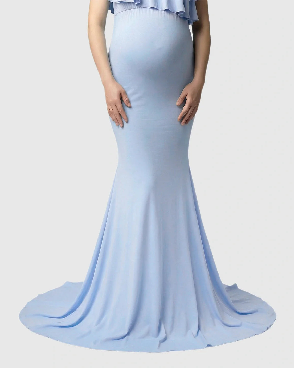 Bump Society – The Comfort Collection: Ruffle-Off Shoulder Trailing Maternity Gown