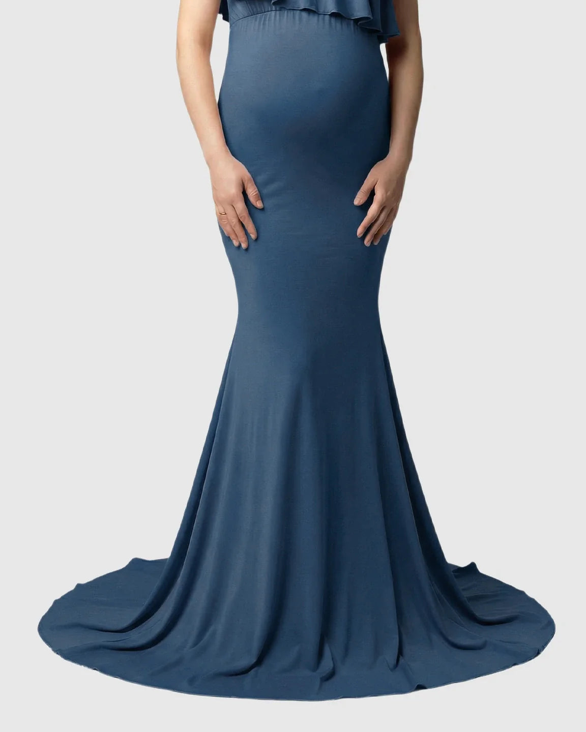 Bump Society – The Comfort Collection: Ruffle-Off Shoulder Trailing Maternity Gown
