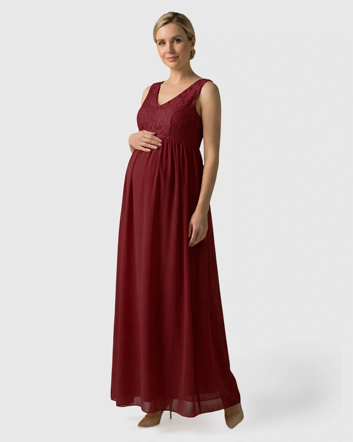 Bump Society – The Comfort Collection: Lace-Chiffon Romantic Maternity Maxi Dress