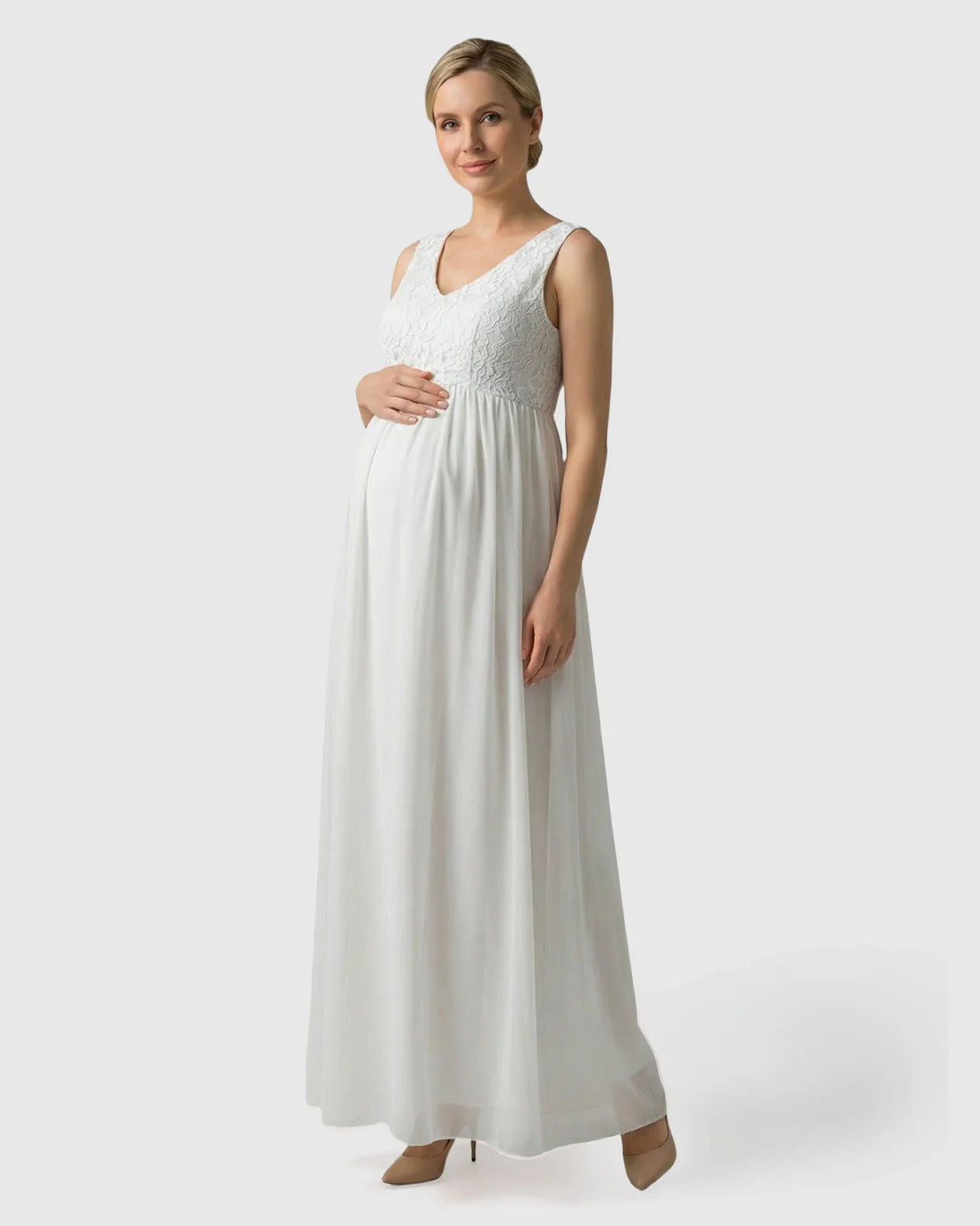 Bump Society – The Comfort Collection: Lace-Chiffon Romantic Maternity Maxi Dress