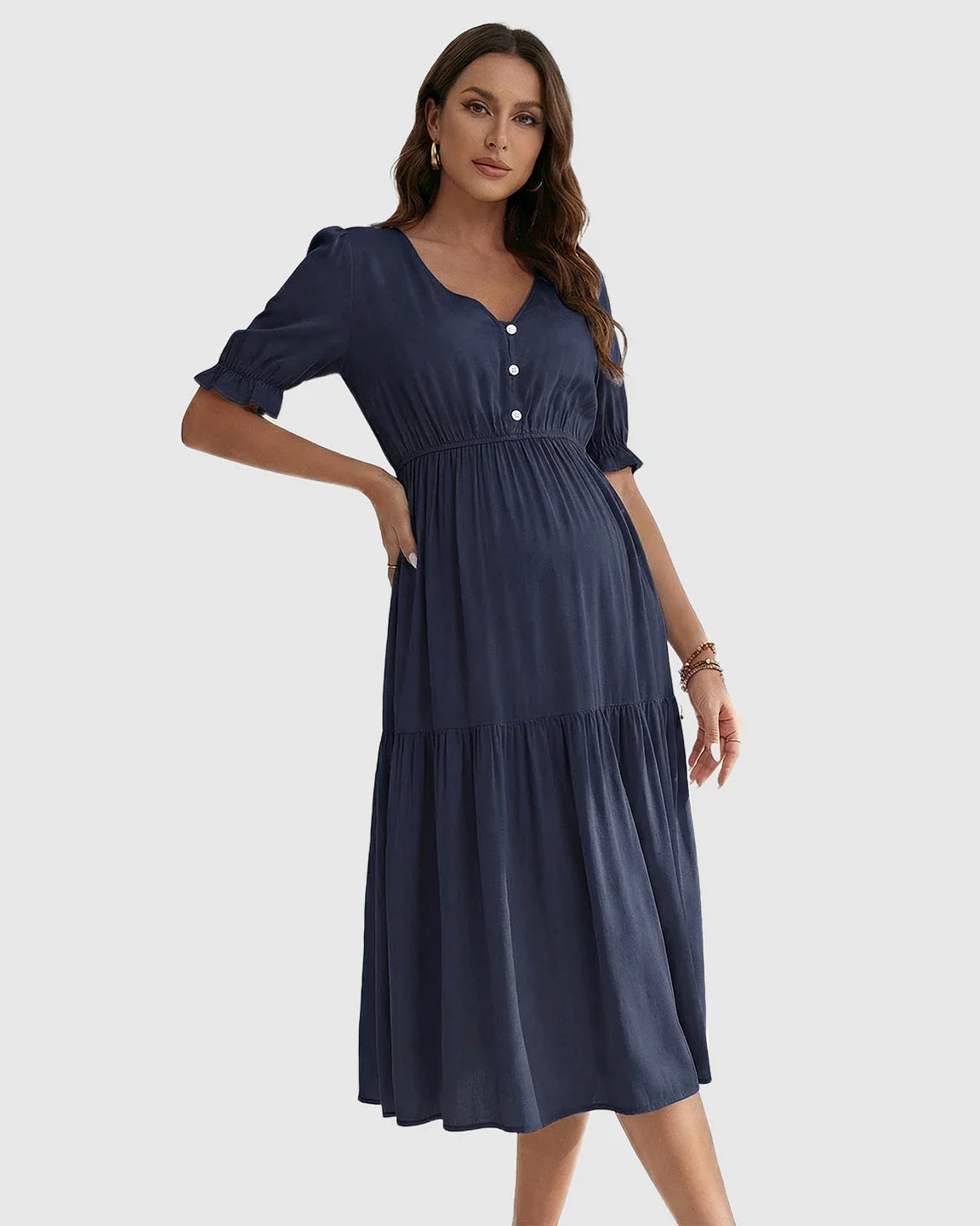 Bump Society – The Comfort Collection: V Neck Puff Sleeve Maternity Midi Dress