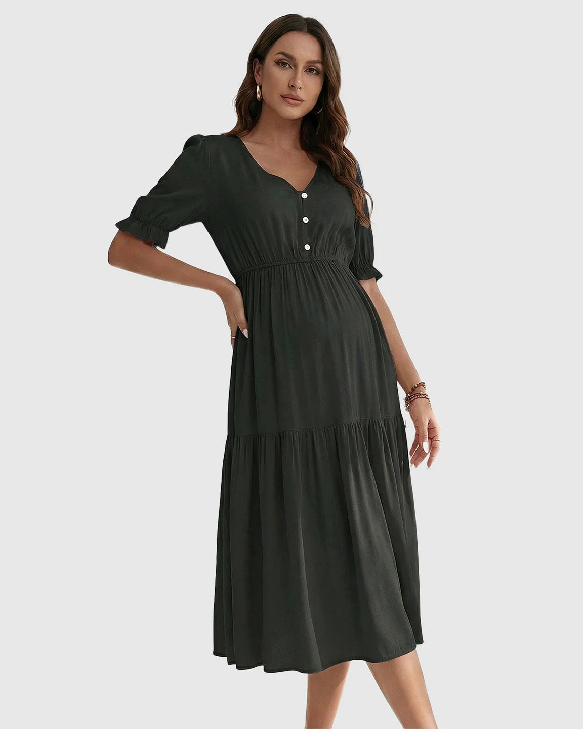 Bump Society – The Comfort Collection: V Neck Puff Sleeve Maternity Midi Dress
