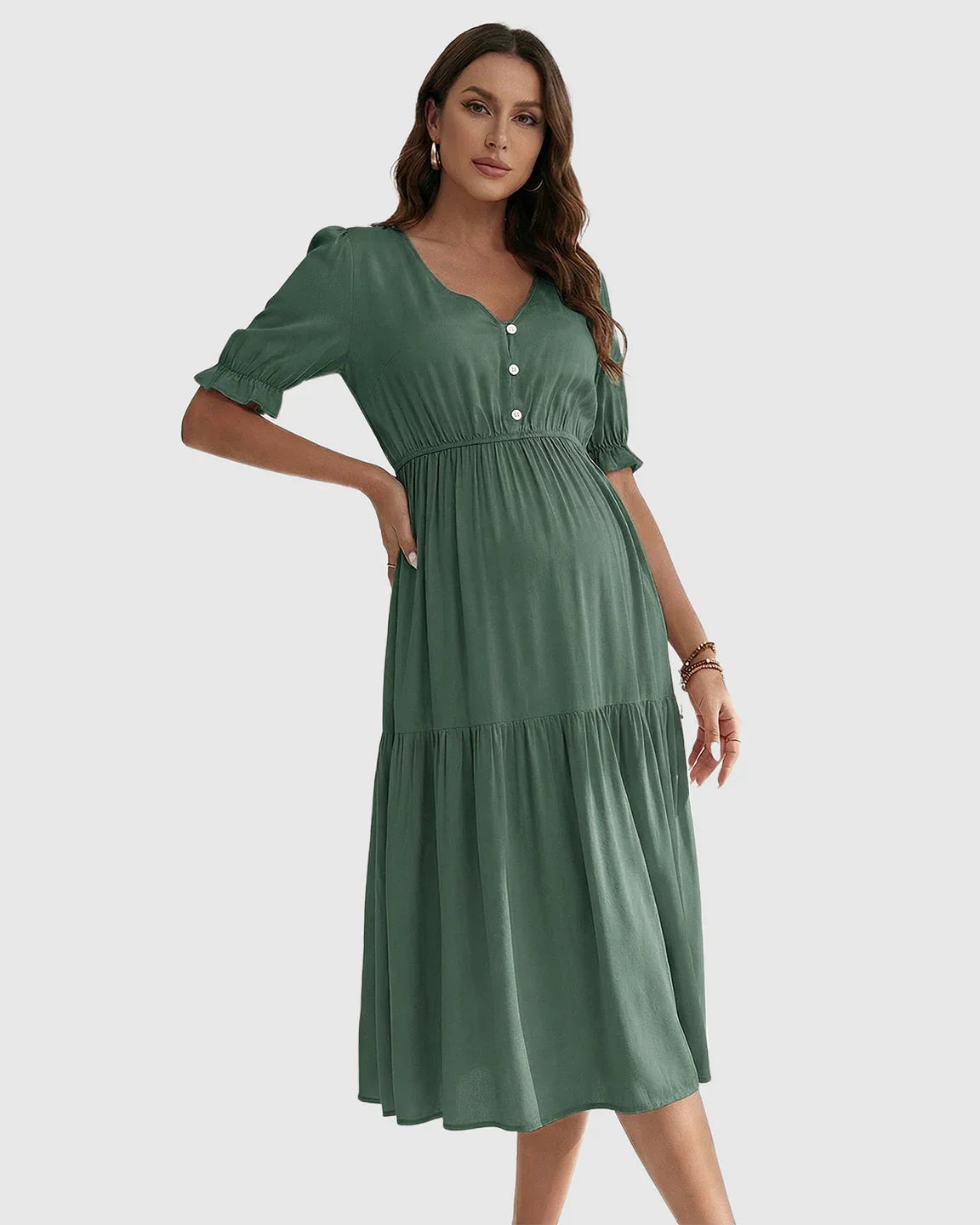 Bump Society – The Comfort Collection: V Neck Puff Sleeve Maternity Midi Dress