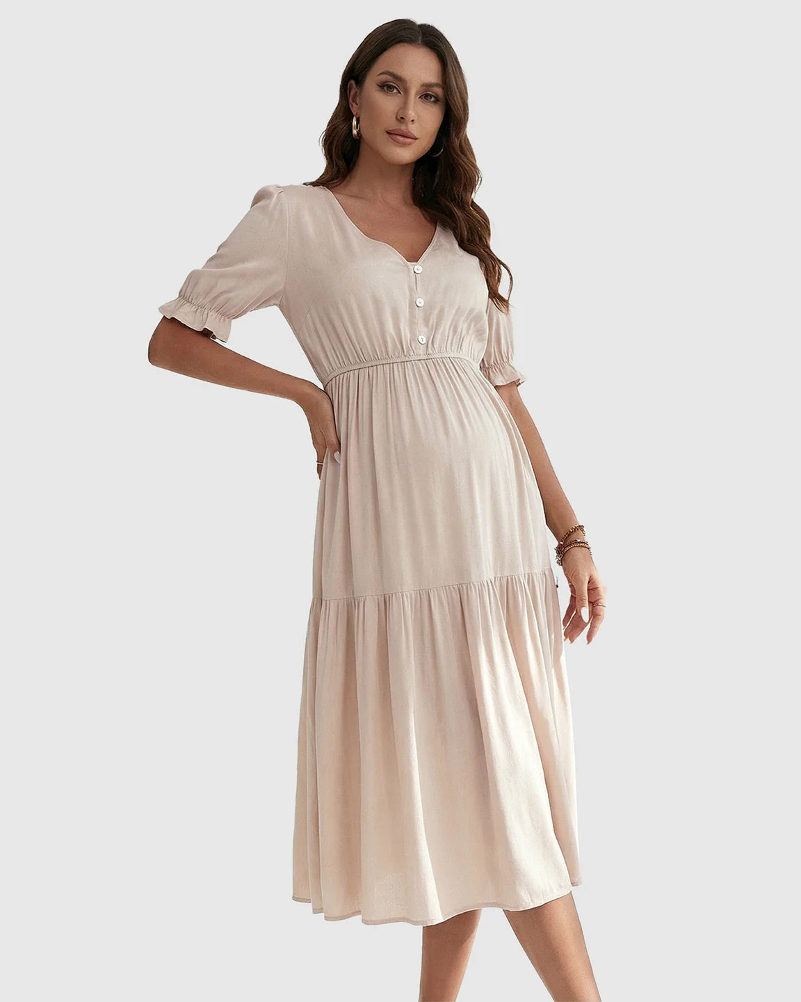 Bump Society – The Comfort Collection: V Neck Puff Sleeve Maternity Midi Dress