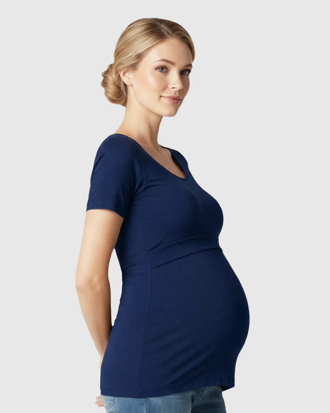 Pregnant woman in a navy stretch-fit V-neck nursing t-shirt, designed for comfort.