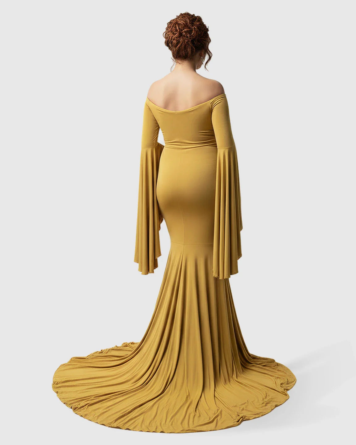 Bump Society – The Comfort Collection: Flared Sleeve Fishtail Train Maternity Photoshoot Dress