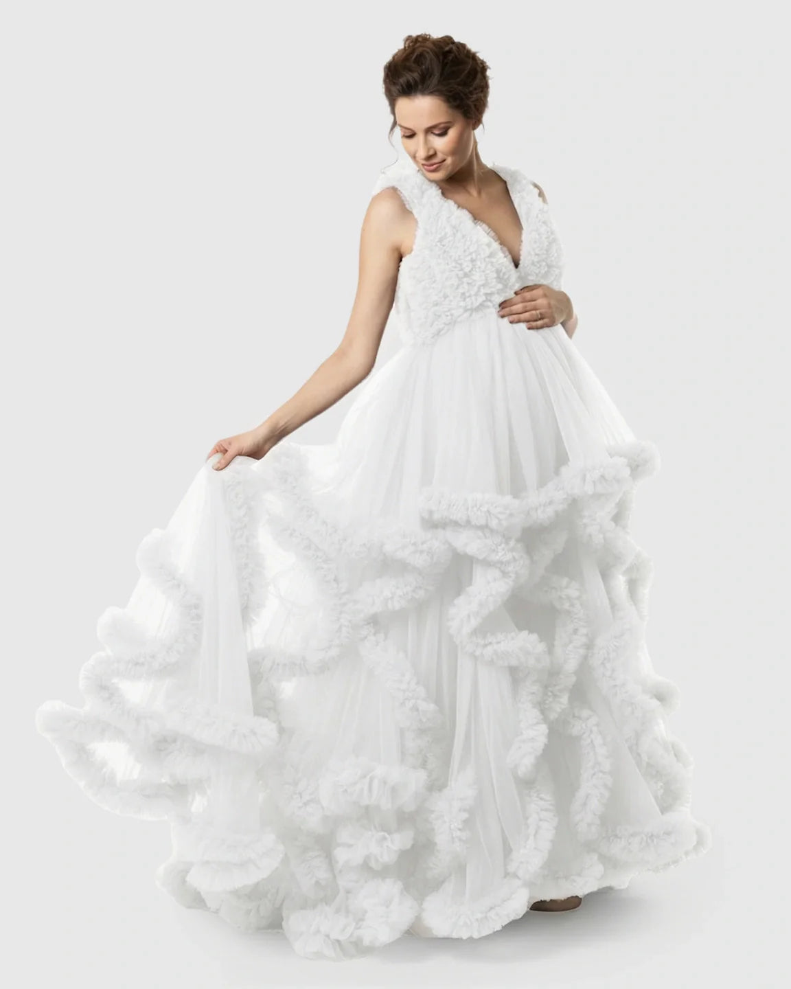 Bump Society – The Comfort Collection: Ruffled Bodice Multi-Layer Mesh Pleats Maternity Gown