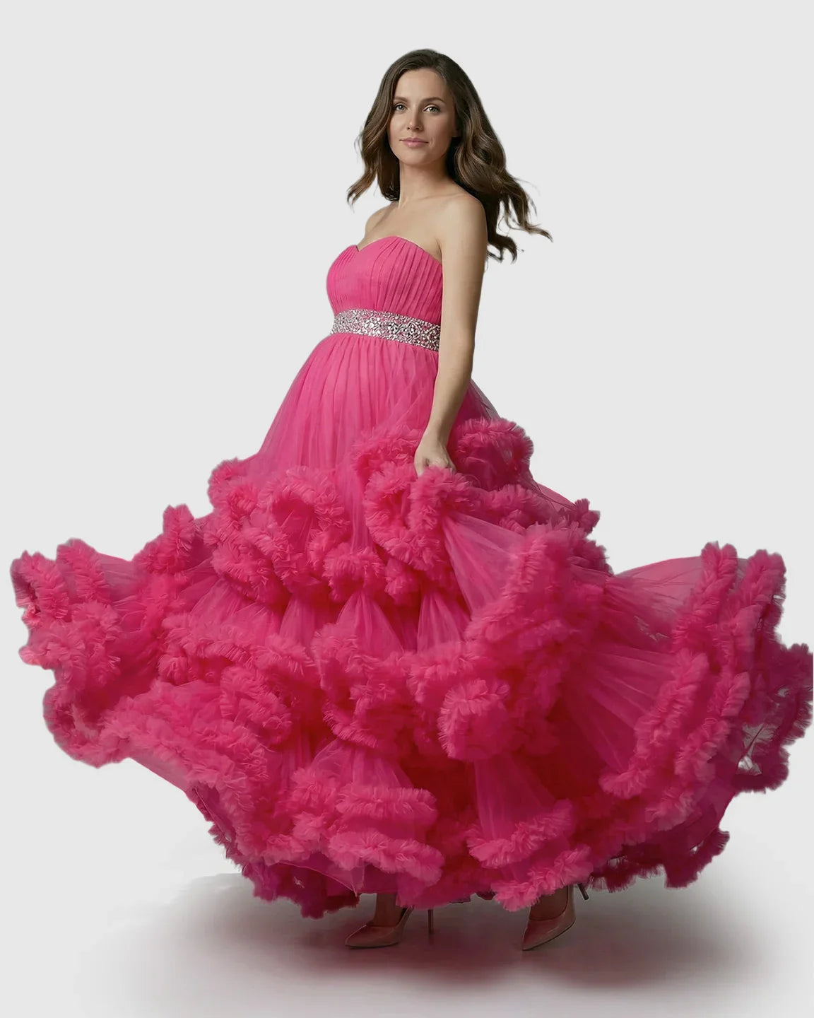 Bump Society – The Comfort Collection: Strapless Bodice Multi-Layered Ruffled Skirt Maternity Photoshoot Dress