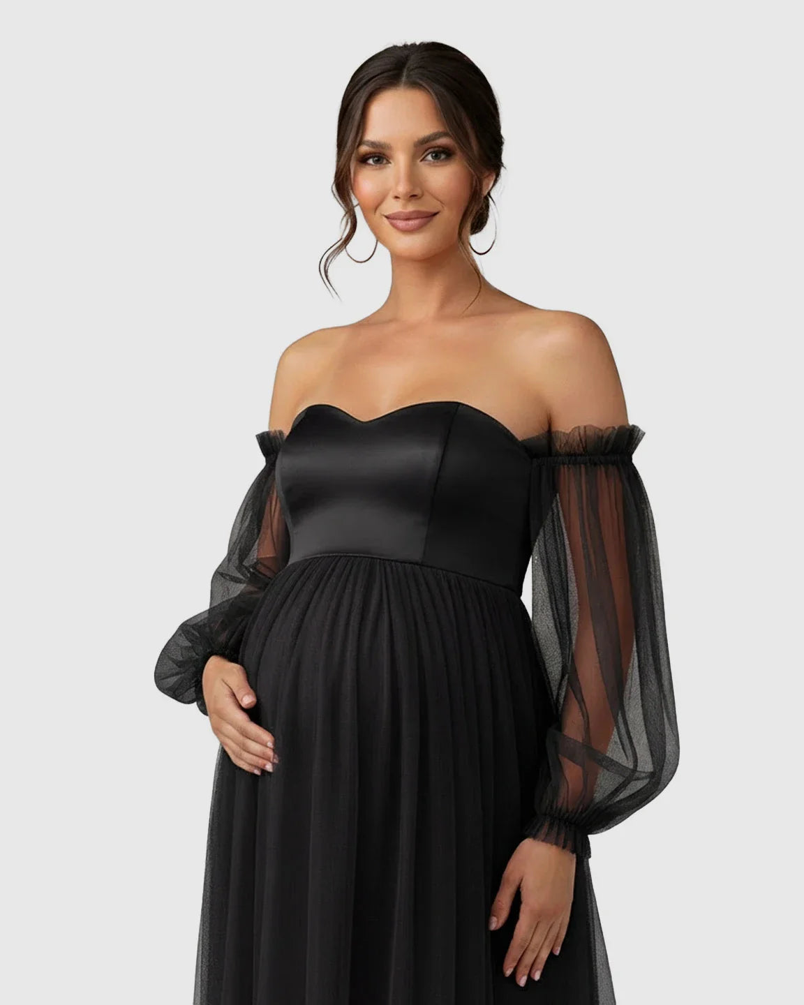 Bump Society – The Comfort Collection: Off-Shoulder Mesh-Sleeve Maternity Gown