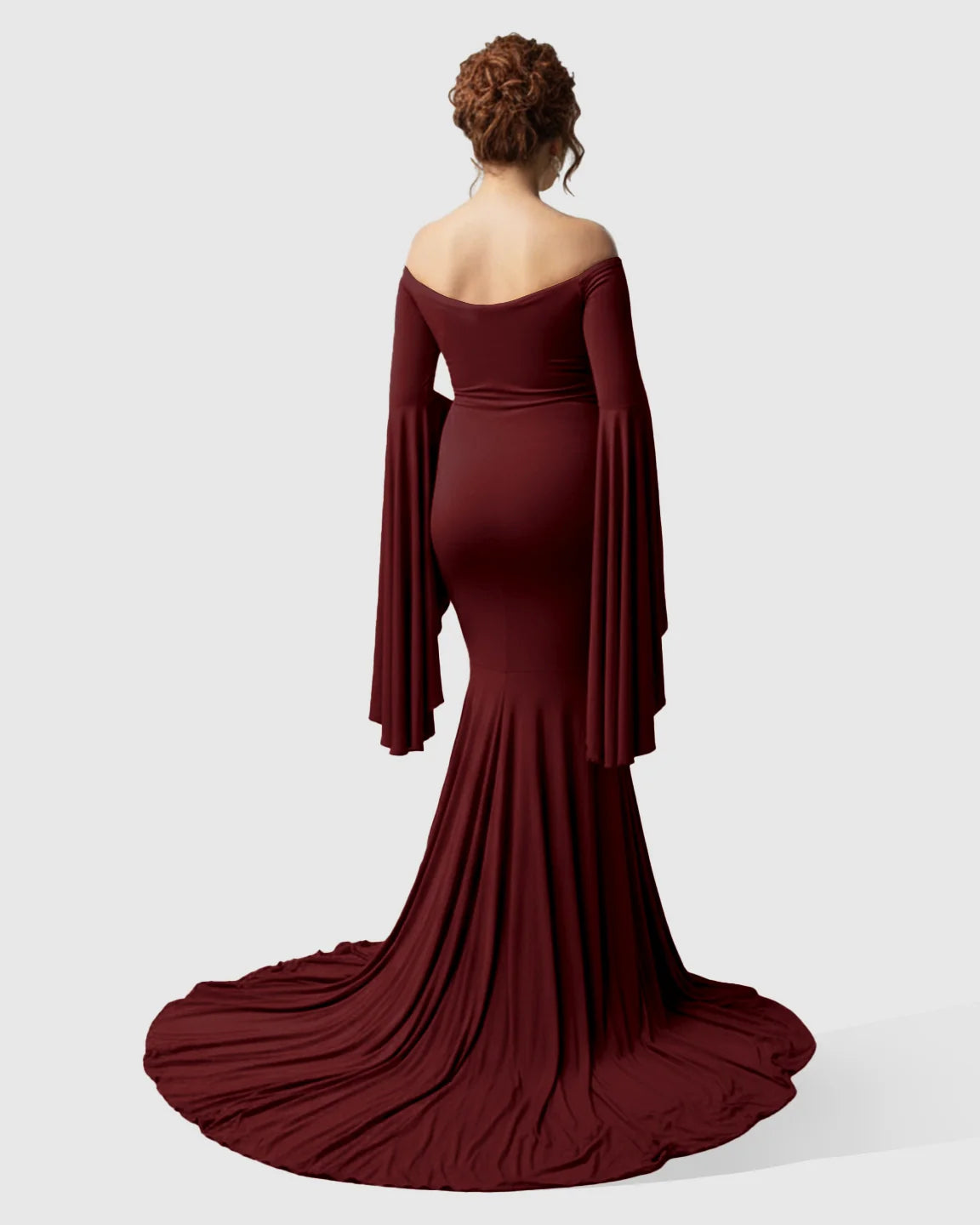 Bump Society – The Comfort Collection: Flared Sleeve Fishtail Train Maternity Photoshoot Dress