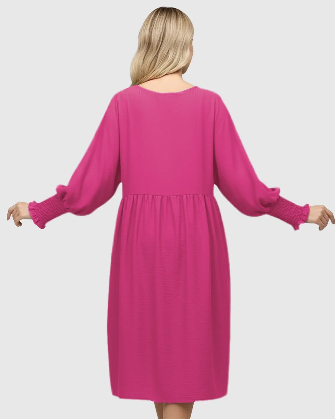 Magenta smocked sleeve casual maternity dress with round neckline and relaxed fit, viewed from the back.