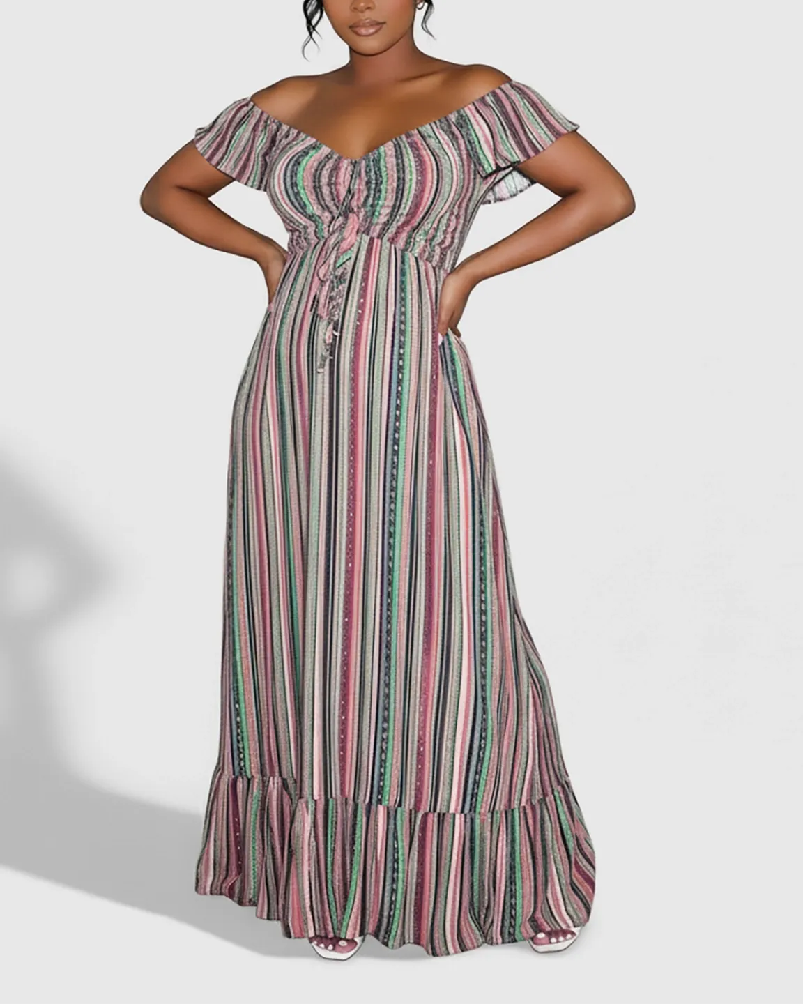 Maternity maxi dress with colorful vertical stripes, off-shoulder neckline, tie-up waist, and ruffled hem.