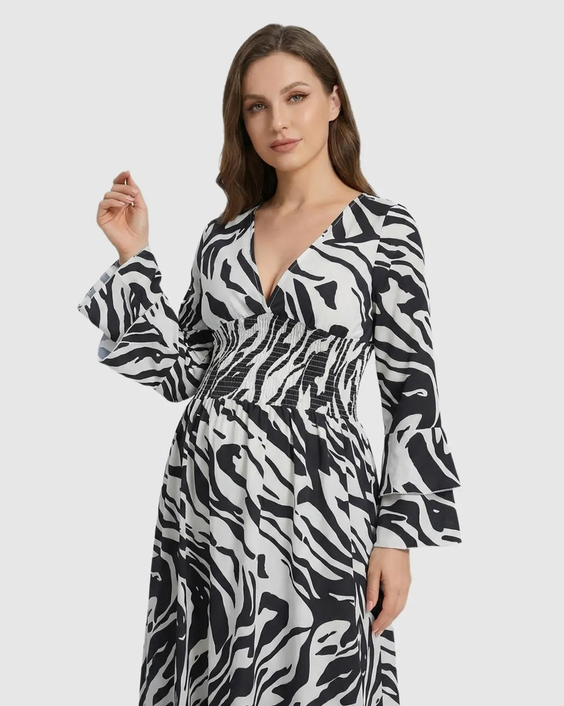 Bump Society – The Comfort Collection: Geometric Pattern Smocked Mid-Waist Maternity Maxi Dress