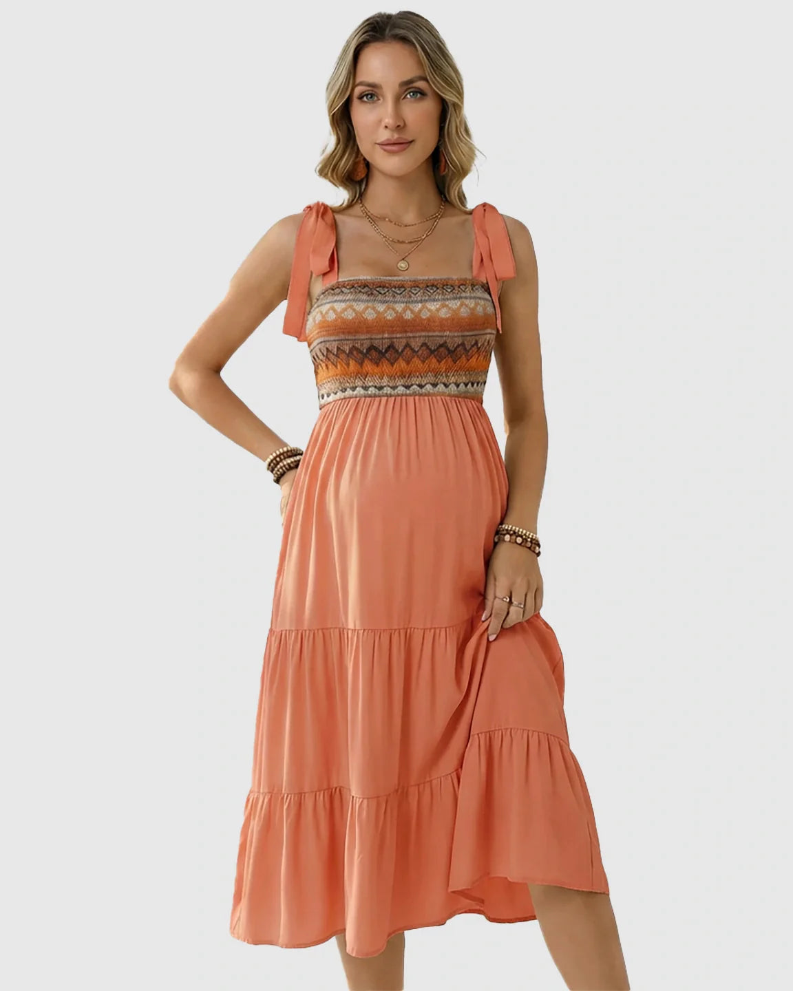 Bump Society – The Comfort Collection: Smocked Ethnic Bodice Tiered A-Line Maternity Sundress