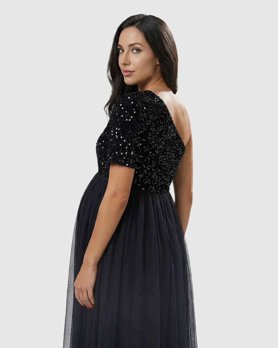 Bump Society – The Comfort Collection: Sequin One-Shoulder Flowing Mesh Maternity Maxi Dress