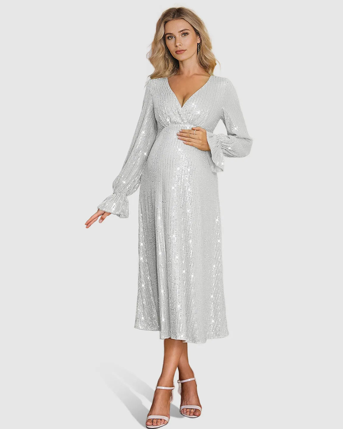 Bump Society – The Comfort Collection: Fully Sequined Empire-Waist Maternity Midi Dress