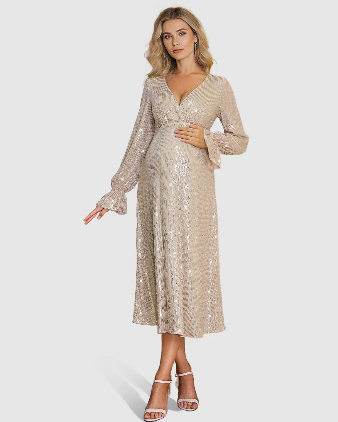 Bump Society – The Comfort Collection: Fully Sequined Empire-Waist Maternity Midi Dress